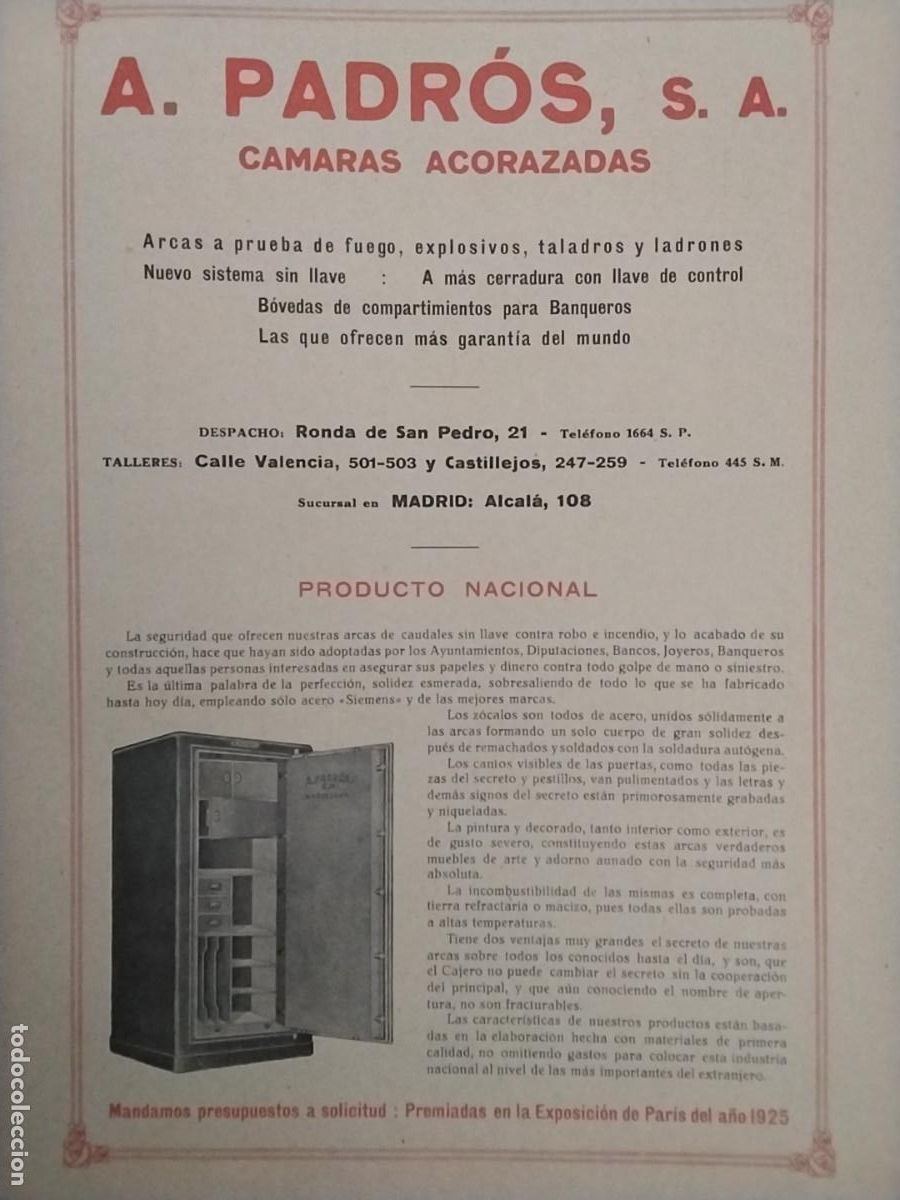 Collection Magazines and Newspapers: CAMARAS ACORAZADAS A.PADROS BARCELONA PRODUCTO NACIONAL HOJA A&Ntilde;O 1926