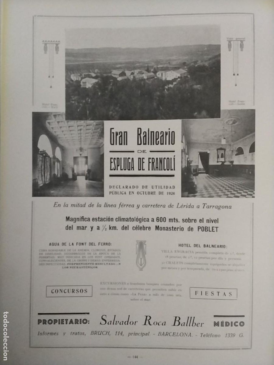 Collezionismo di Riviste e Giornali: GRAN BALNEARIO DE ESPLUGA DE FRANCOLI PROPIETARIO SALVADOR ROCA BALLBER FONT FERRO HOJA A&Ntilde;O 1926