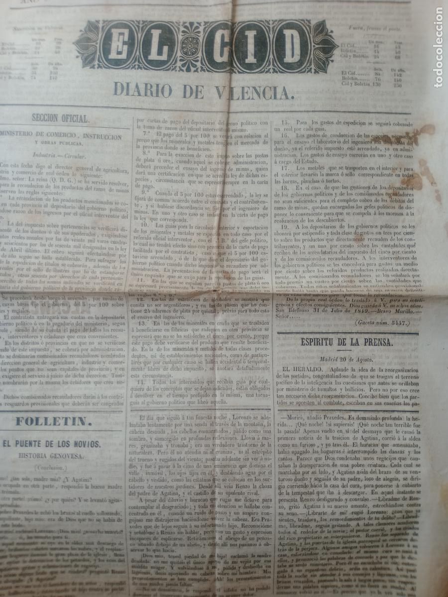 Coleccionismo de Revistas y Peri&oacute;dicos: Raro Diario El Cid de Valencia 1849