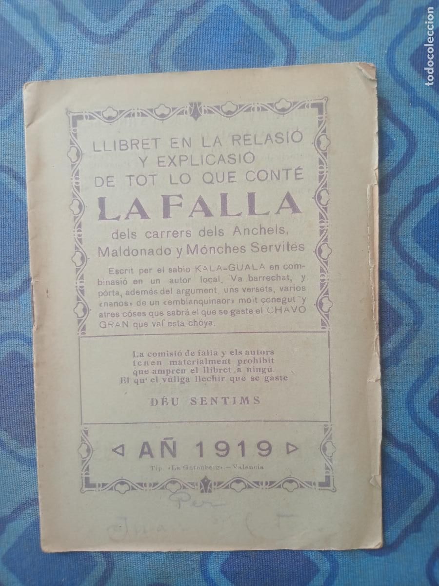 Coleccionismo de Revistas y Peri&oacute;dicos: LLIBRET FALLAS DE LA FALLA ANCHELS, MALDONADO Y MONCHES SERVITES 1919