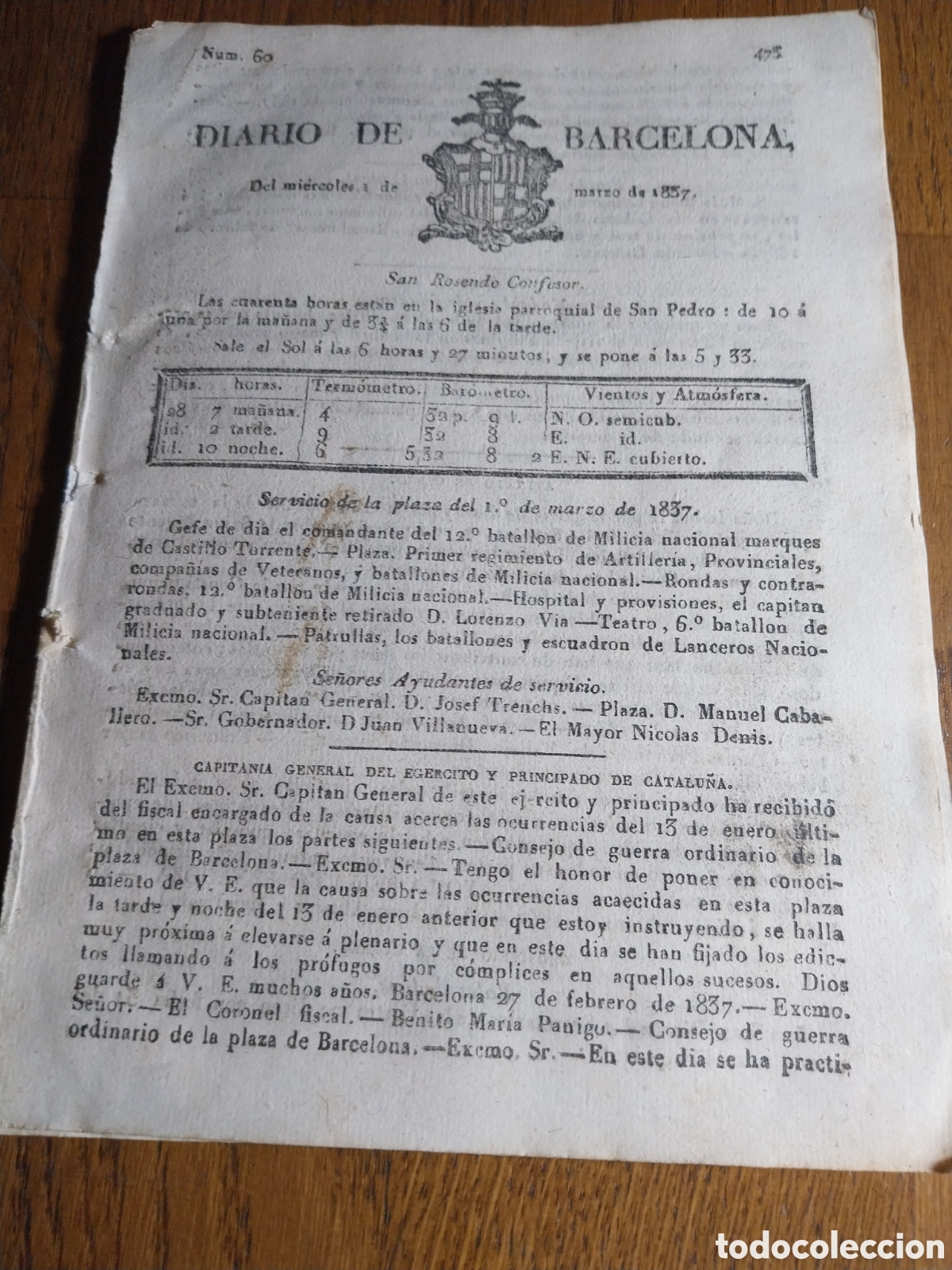 Collezionismo di Riviste e Giornali: DIARIO DE BARCELONA 1837 AGUSTINOS RECOLETOS VIAJE A FILIPINAS. PENSION A FRANCISCA ROCAGINE