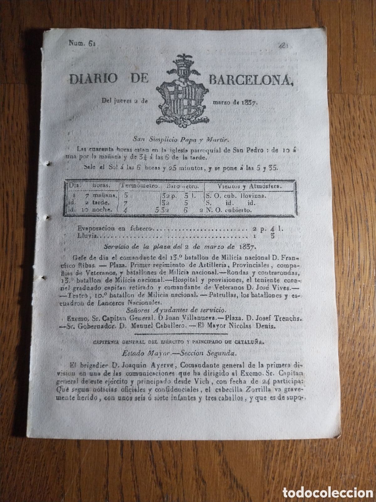 Collezionismo di Riviste e Giornali: DIARIO DE BARCELONA 1837 1&deg; G.CARLISTA. VICH CABECILLA ZORRILLA.FACCIOSOS VILLAFRANCA.ATAQUE ALCANAR