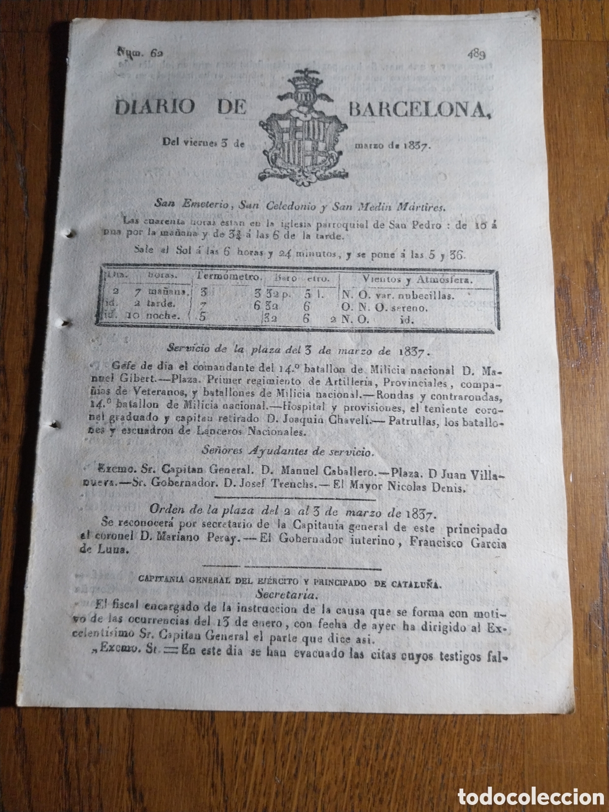 Collezionismo di Riviste e Giornali: DIARIO DE BARCELONA 1837 DECRETO SOBRE RESIDENCIA Y PENSIONES ECLESIASTICOS. NUEVO CEMENTERIO SANS.