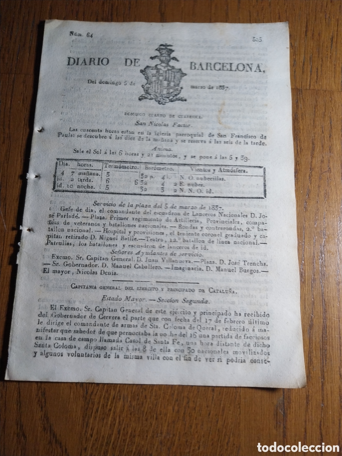 Collezionismo di Riviste e Giornali: DIARIO DE BARCELONA 1837 1&deg;G.CARLISTA ACCIONES POR SANTA COLOMA QUERAL OLESA BACARISAS RELLINAS VILA