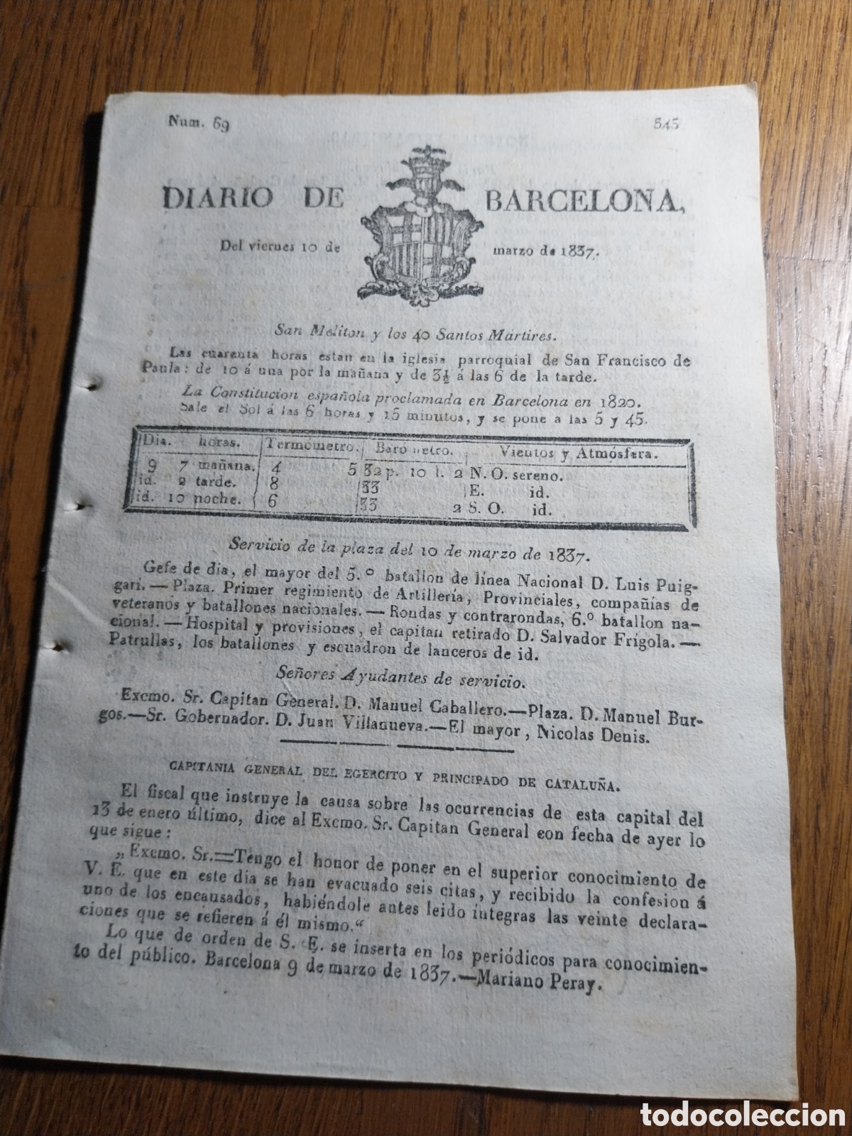 Collezionismo di Riviste e Giornali: DIARIO DE BARCELONA 1837 INTENTO ASESINATO JEFE ESTADO MAYOR DE VALENCIA. COTIZACI&Oacute;N BOLSA DE MADRID