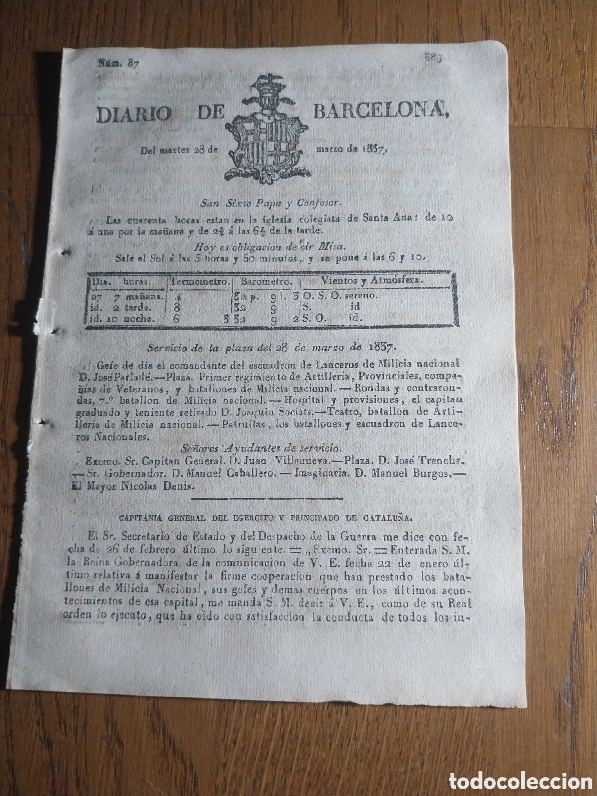 Sammeln von Zeitschriften und Zeitungen: DIARIO DE BARCELONA 1837 1&deg; G.CARLISTA RETIRADA DE CABA&Ntilde;ERO DE EJULBE.MURVIEDRO ROBO A LABRADOR .