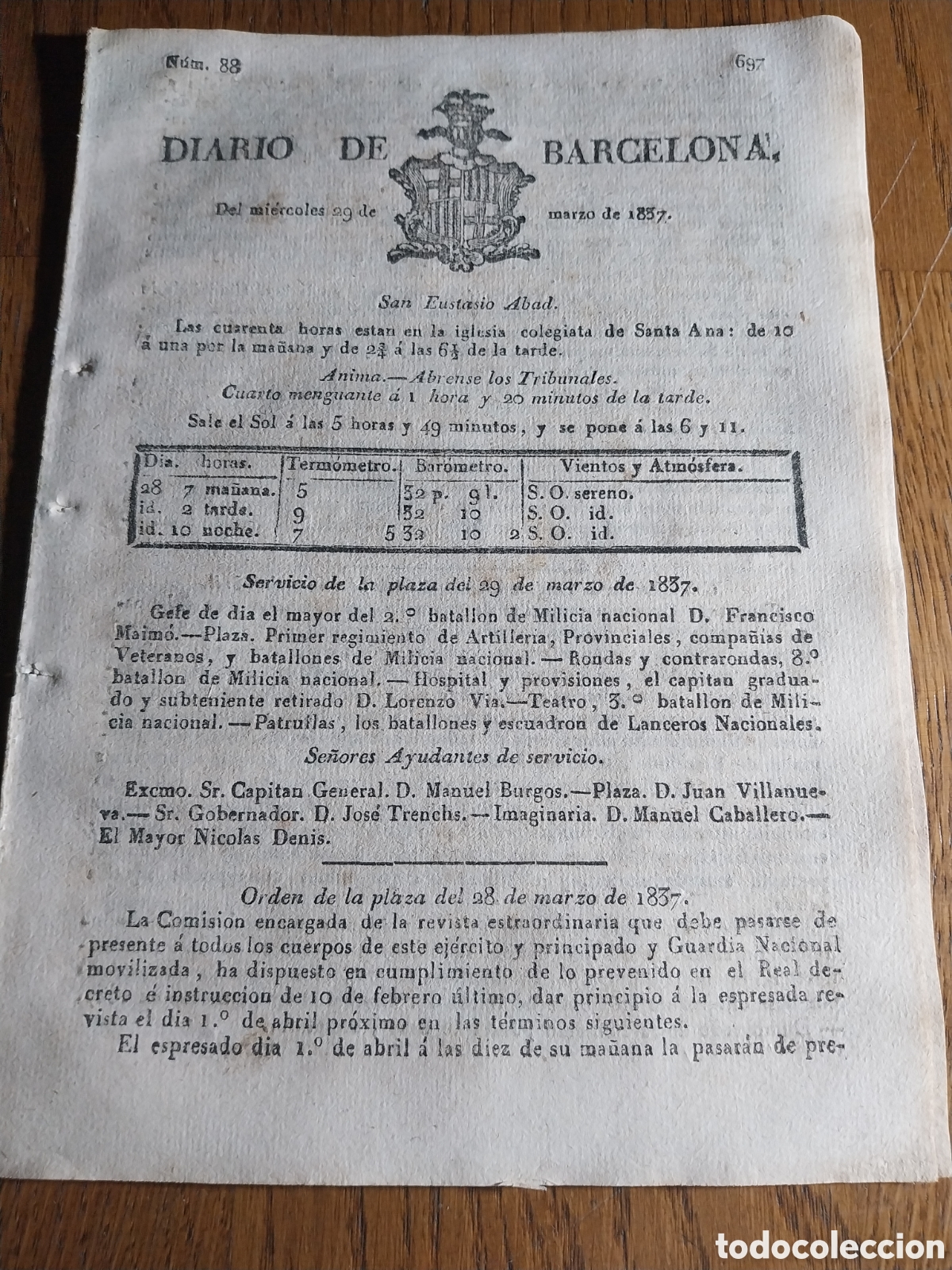 Sammeln von Zeitschriften und Zeitungen: DIARIO DE BARCELONA 1837 REVISTA EXTRAORDINARIA A LOS CUERPOS DEL EJERCITO EN BARCELONA.