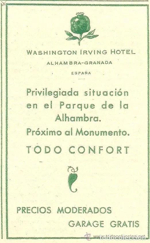 Coleccionismo de Revistas y Peri&oacute;dicos: * GRANADA * Publicidad hotel Washington Irving en el Parque de la Alhambra - 1935