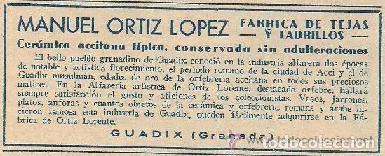 Coleccionismo de revistas y peri&oacute;dicos: * Guadix, GRANADA * Publicidad f&aacute;brica de tejas y ladrillos Manuel Ortiz L&oacute;pez - 1935