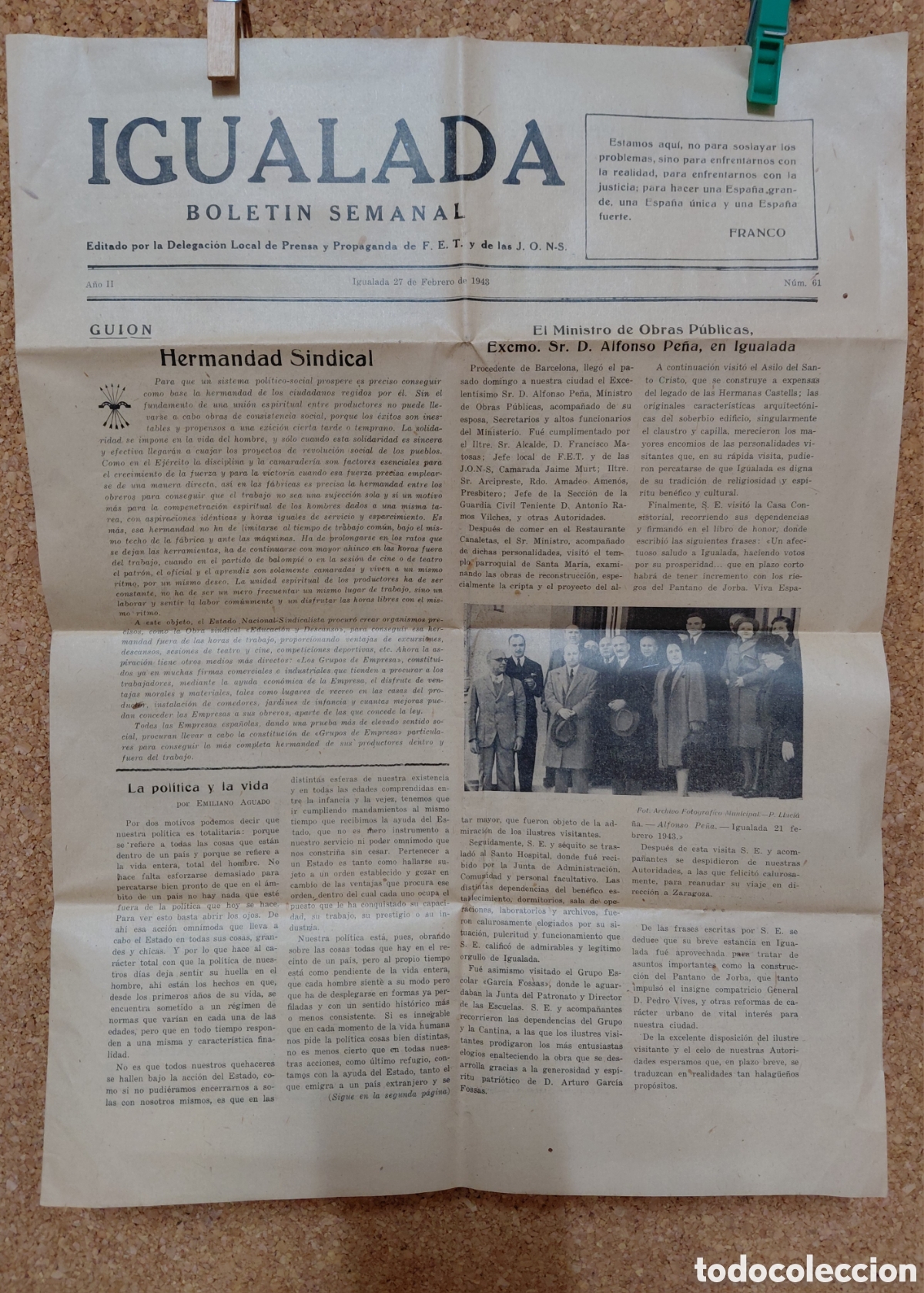 Coleccionismo de revistas y peri&oacute;dicos: IGUALADA / BOLETIN SEMANAL PRENSA Y PROPAGANDA F.E.T. Y DE LAS JONS / 27 FEBRERO 1943 N&ordm; 61
