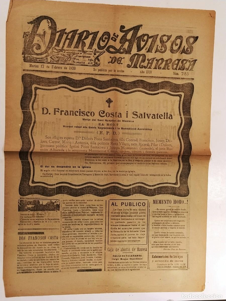Collezionismo di Riviste e Giornali: MANRESA - DIARIO DE AVISOS DE MANRESA - A&Ntilde;O 1920 NUMERO 7153 - PERIODICO ANTIGUO -(V-27.246)