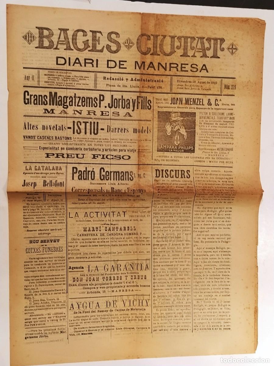 Coleccionismo de revistas y peri&oacute;dicos: MANRESA - BAGES CIUTAT DIARI DE MANRESA - ANY 1910 NUMERO 215 - DIARI ANTIC ORIGINAL (V-27.248)