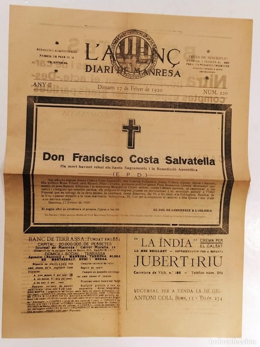 Collezionismo di Riviste e Giornali: MANRESA - L'AVEN&Ccedil; - DIARI DE MANRESA - ANY 1920 NUMERO 220 - DIARI ANTIC ORIGINAL (V-27.249)