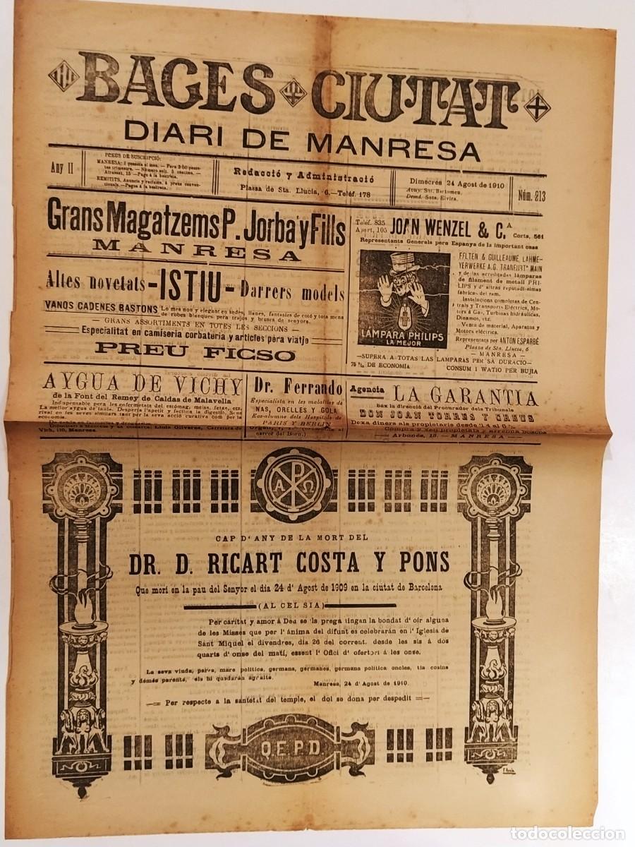 Coleccionismo de revistas y peri&oacute;dicos: MANRESA - BAGES CIUTAT DIARI DE MANRESA - ANY 1910 NUMERO 213 - DIARI ANTIC ORIGINAL (V-27.251)