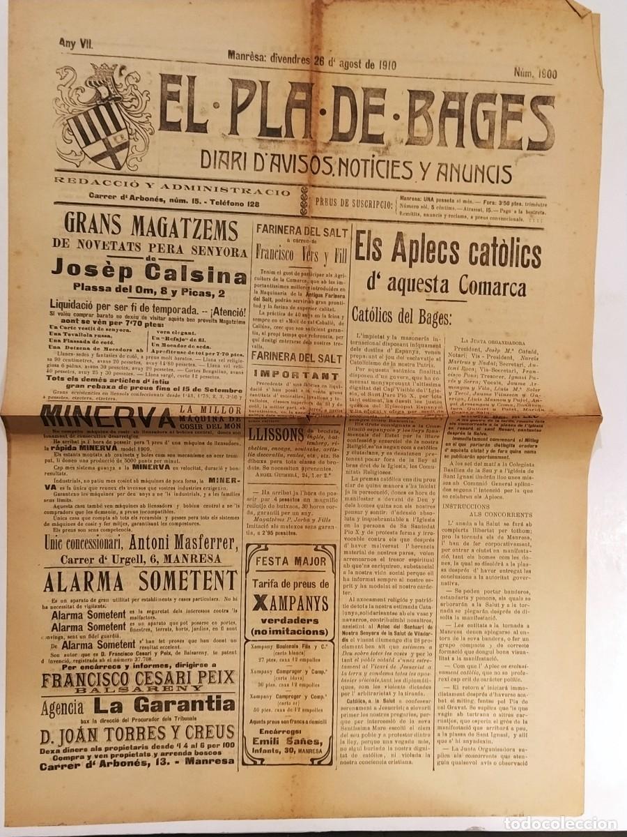 Coleccionismo de revistas y peri&oacute;dicos: MANRESA - EL PLA DE BAGES - ANY 1910 NUMERO 1900 - DIARI ANTIC ORIGINAL (V-27.254)