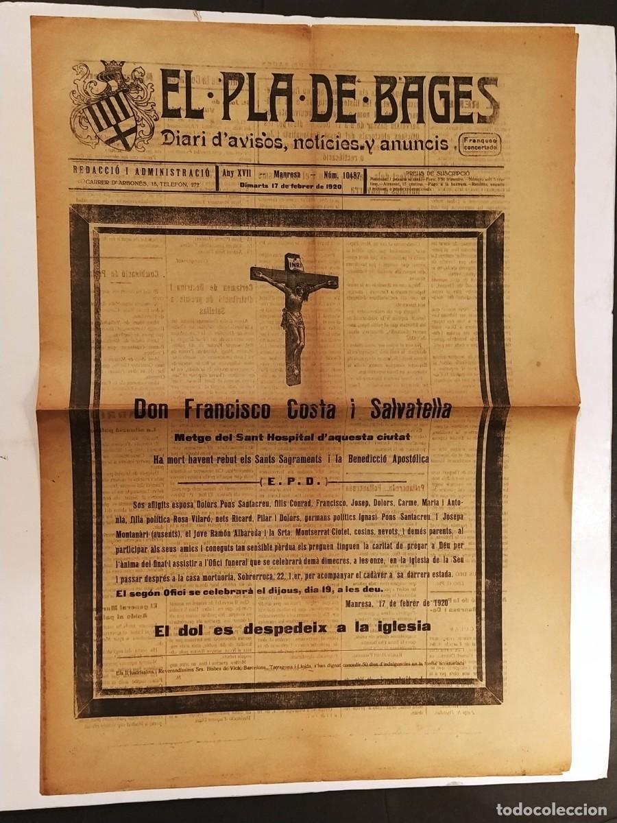 Coleccionismo de revistas y peri&oacute;dicos: MANRESA - EL PLA DE BAGES - ANY 1920 NUMERO 10487 - DIARI ANTIC ORIGINAL (V-27.255)