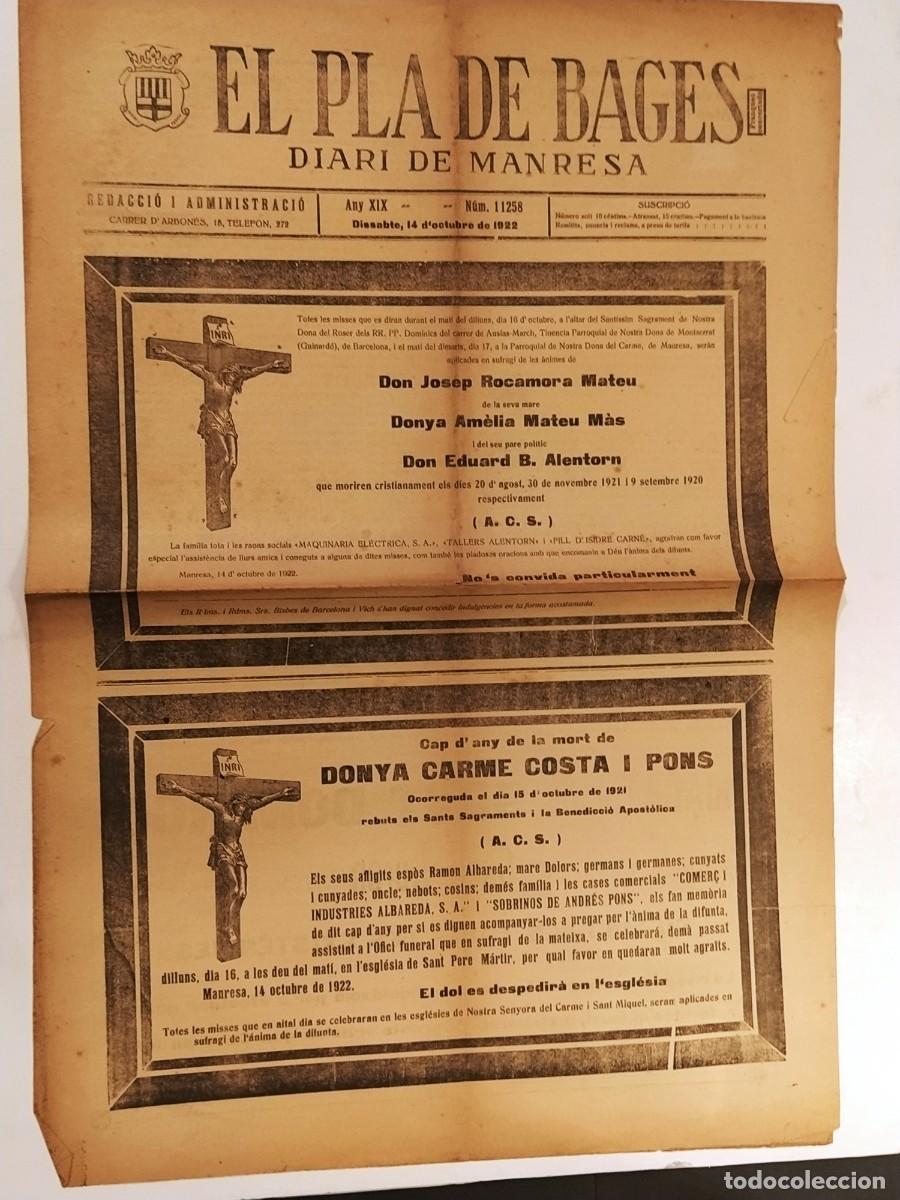 Collezionismo di Riviste e Giornali: MANRESA - EL PLA DE BAGES - ANY 1922 NUMERO 11258 - DIARI ANTIC ORIGINAL (V-27.257)