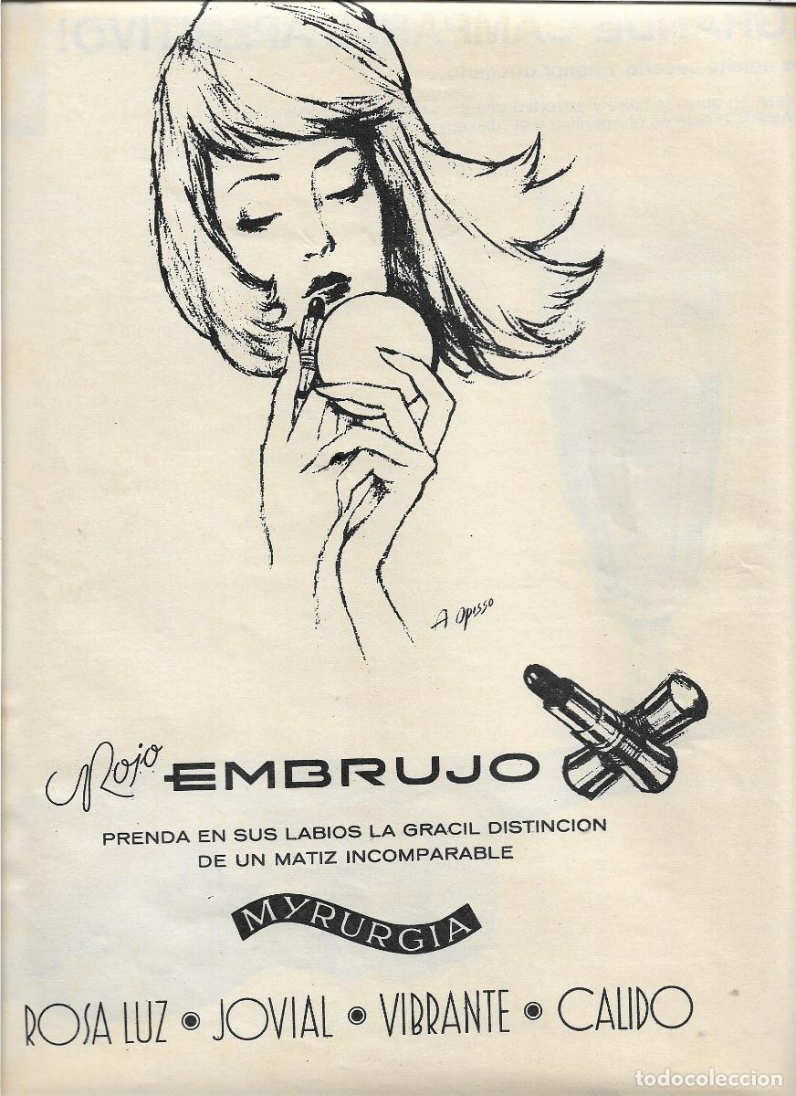 Coleccionismo de Revistas y Peri&oacute;dicos: A&Ntilde;O 1966 RECORTE PRENS PUBLICIDAD ANUNCIO PINTALABIOS ROJO EMBRUJO MYRURGIA MAQUILLAJE DIBUJO OPISSO