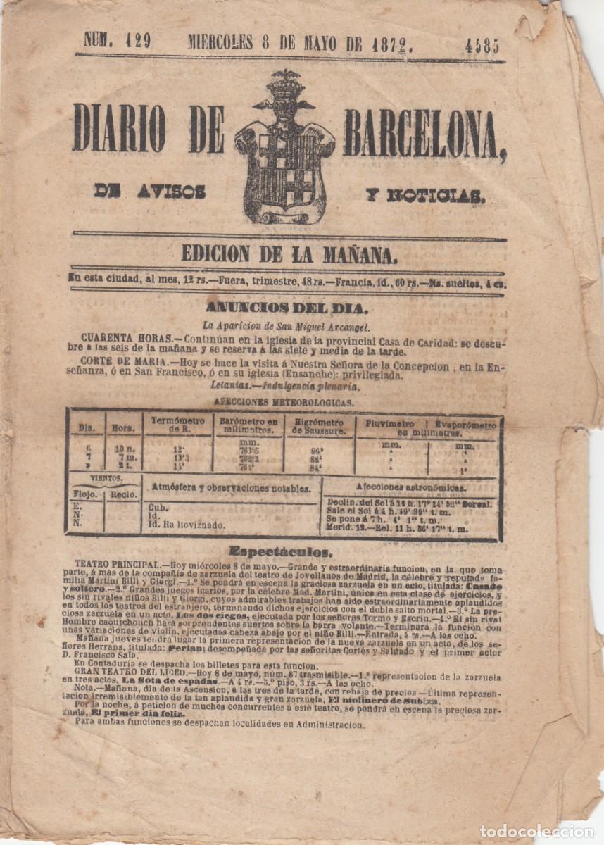 Collection Magazines and Newspapers: DIARIO DE BARCELONA DE AVISOS Y NOTICIAS - 8 DE MAYO DE 1872