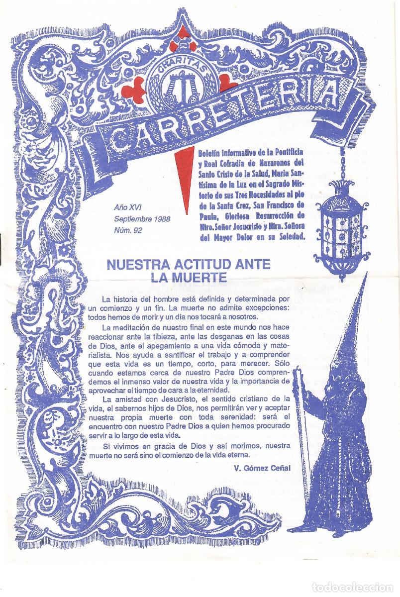 Coleccionismo de Revistas y Peri&oacute;dicos: SEMANA SANTA SEVILLA, BOLET&Iacute;N HERMANDAD LA CARRETER&Iacute;A N&ordm; 92, SEPTIEMBRE 1988