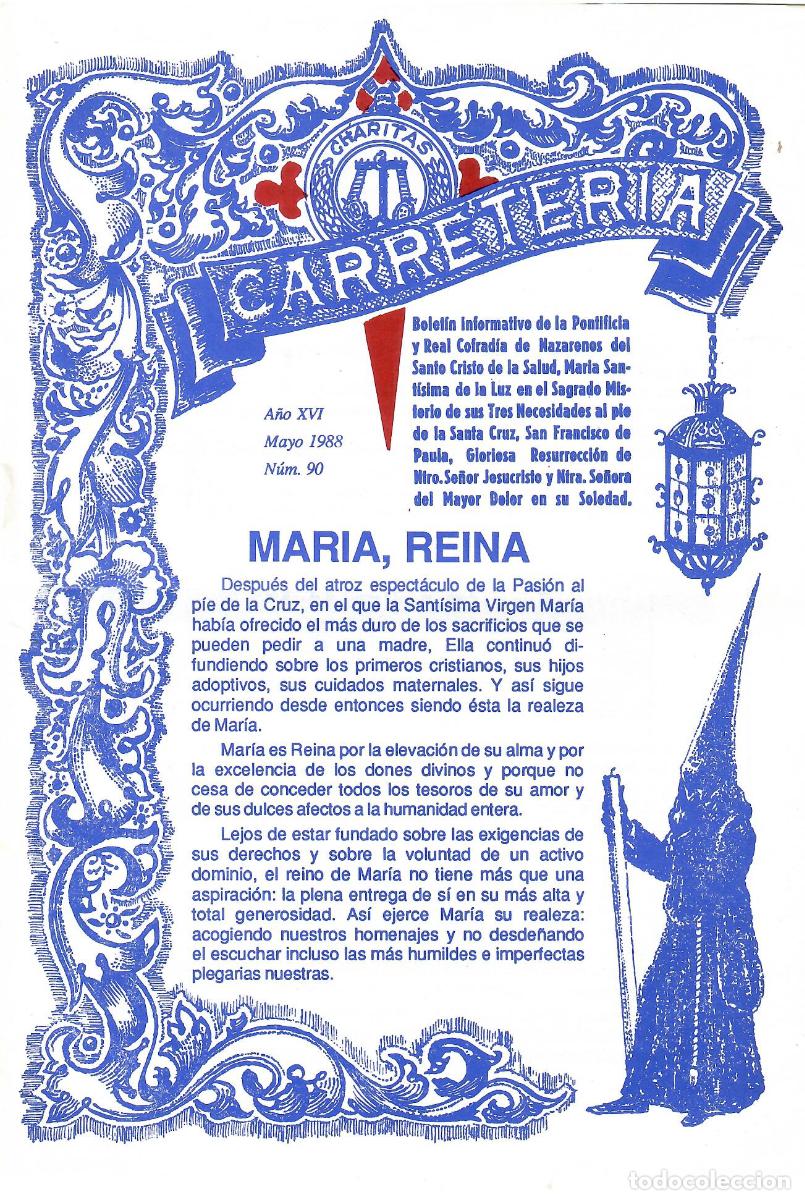 Coleccionismo de Revistas y Peri&oacute;dicos: SEMANA SANTA SEVILLA, BOLET&Iacute;N HERMANDAD LA CARRETER&Iacute;A N&ordm; 90, MAYO 1988