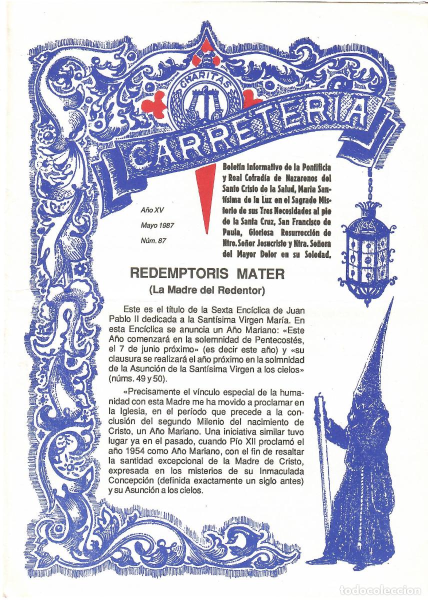Coleccionismo de Revistas y Peri&oacute;dicos: SEMANA SANTA SEVILLA, BOLET&Iacute;N HERMANDAD LA CARRETER&Iacute;A N&ordm; 87, MAYO 1987