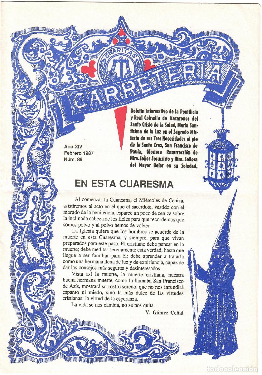 Coleccionismo de Revistas y Peri&oacute;dicos: SEMANA SANTA SEVILLA, BOLET&Iacute;N HERMANDAD LA CARRETER&Iacute;A N&ordm; 86, FEBRERO 1987
