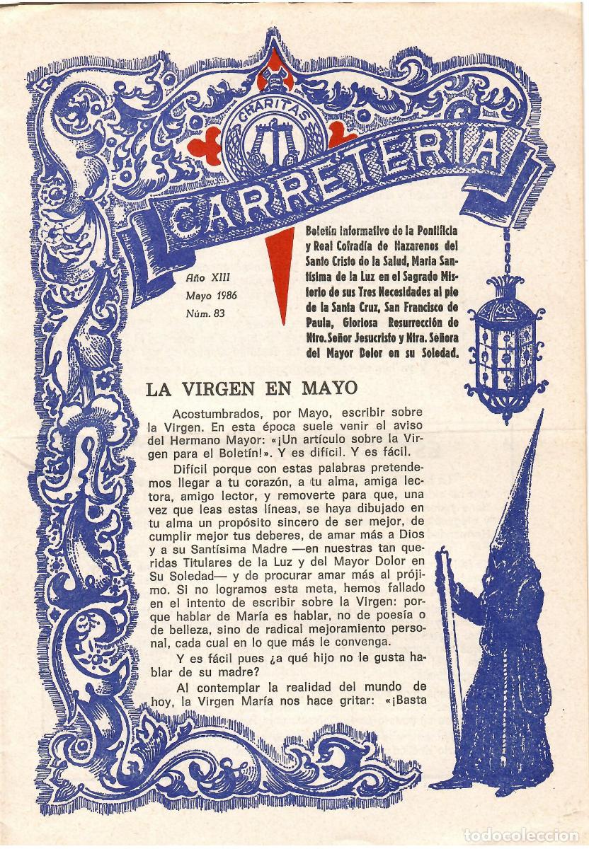 Coleccionismo de Revistas y Peri&oacute;dicos: SEMANA SANTA SEVILLA, BOLET&Iacute;N HERMANDAD LA CARRETER&Iacute;A N&ordm; 83, MAYO 1986