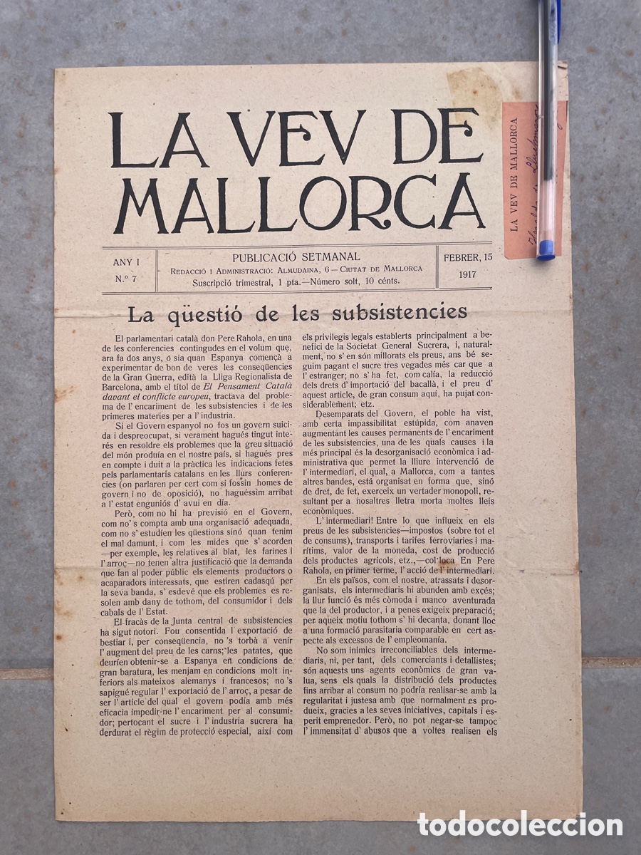 Coleccionismo de revistas y peri&oacute;dicos: La Veu de Mallorca. N&uacute;m. 7. 15 de febrero de 1917.