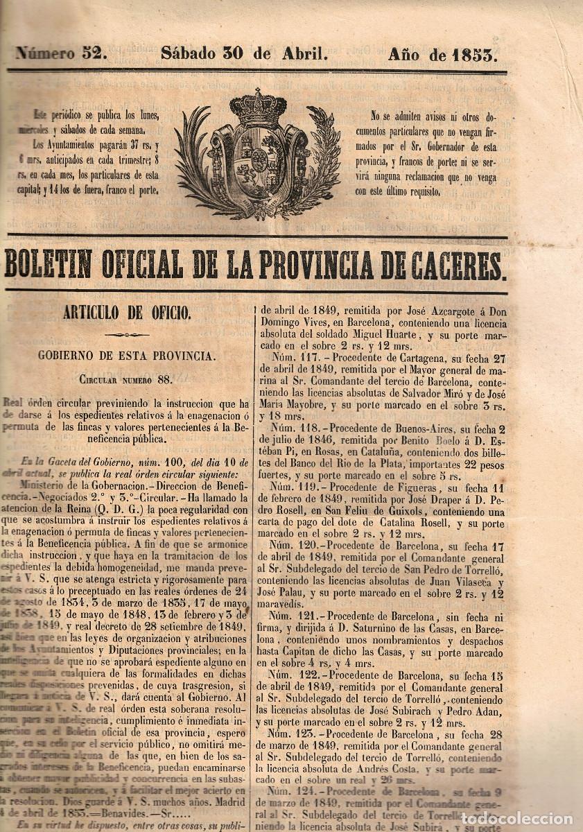 Coleccionismo de Revistas y Peri&oacute;dicos: FA9129. DOCUMENTOS. 1853, 30 de abril. Boletin oficial de Caceres