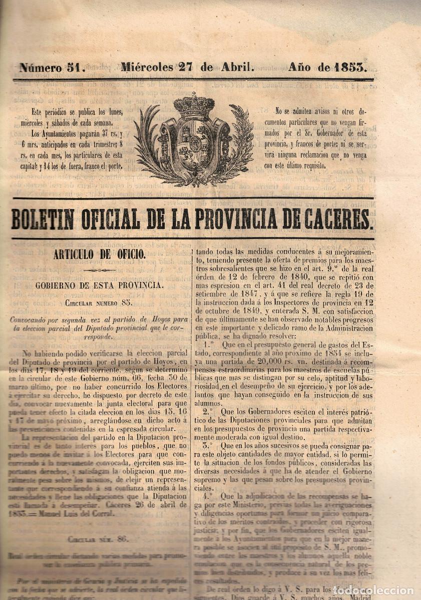 Coleccionismo de Revistas y Peri&oacute;dicos: FA9130. DOCUMENTOS. 1853, 27 de abril. Boletin oficial de Caceres