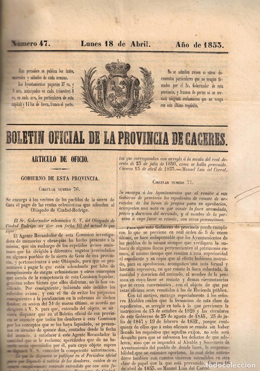 Coleccionismo de Revistas y Peri&oacute;dicos: FA9133. DOCUMENTOS. 1853, 18 de abril. Boletin oficial de Caceres