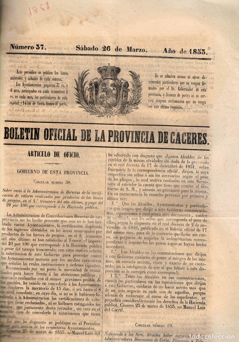 Coleccionismo de Revistas y Peri&oacute;dicos: FA9134. DOCUMENTOS. 1853, 26 de marzo. Boletin oficial de Caceres