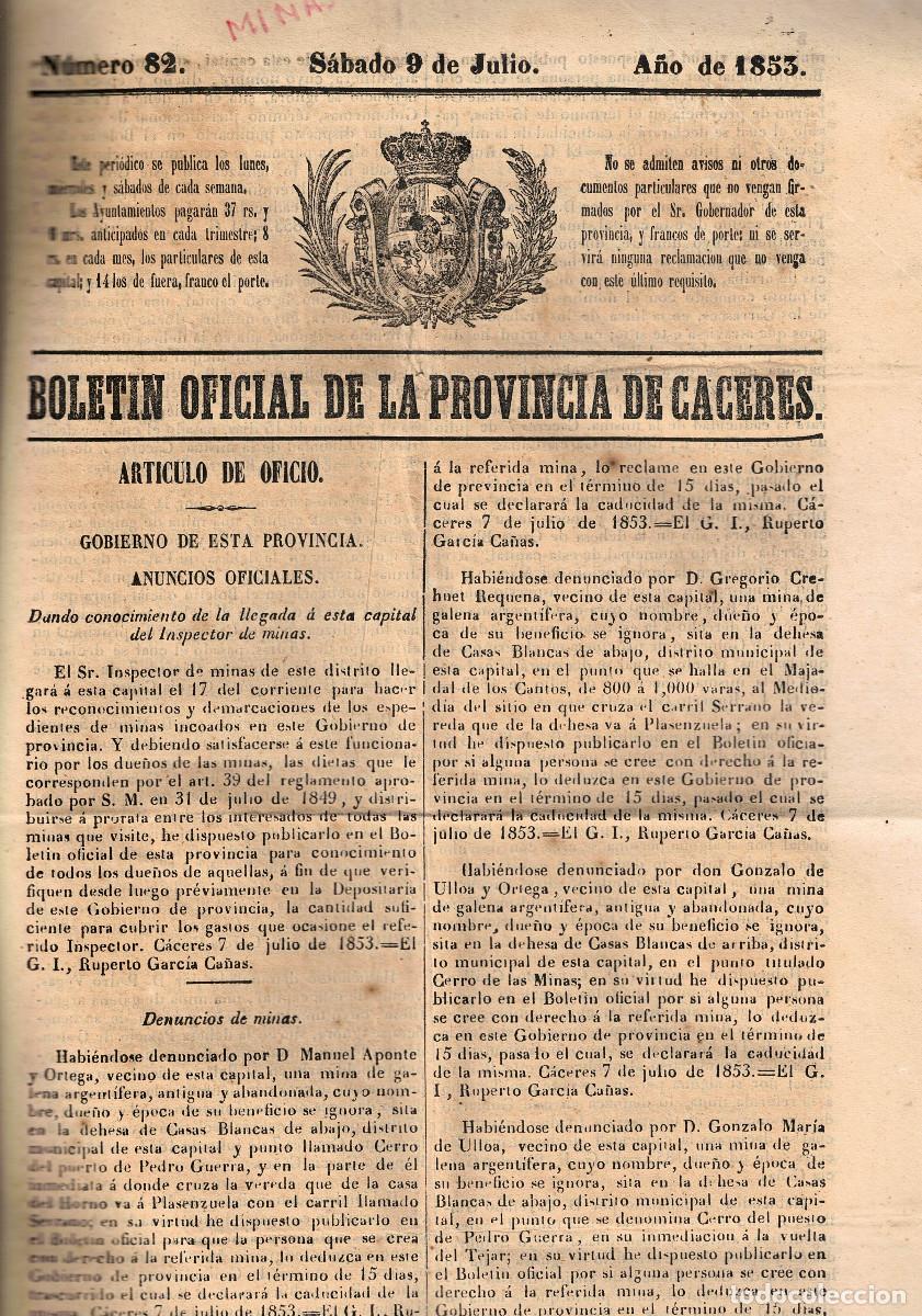 Coleccionismo de Revistas y Peri&oacute;dicos: FA9136. DOCUMENTOS. 1853, 9 de julio. Boletin oficial de Caceres