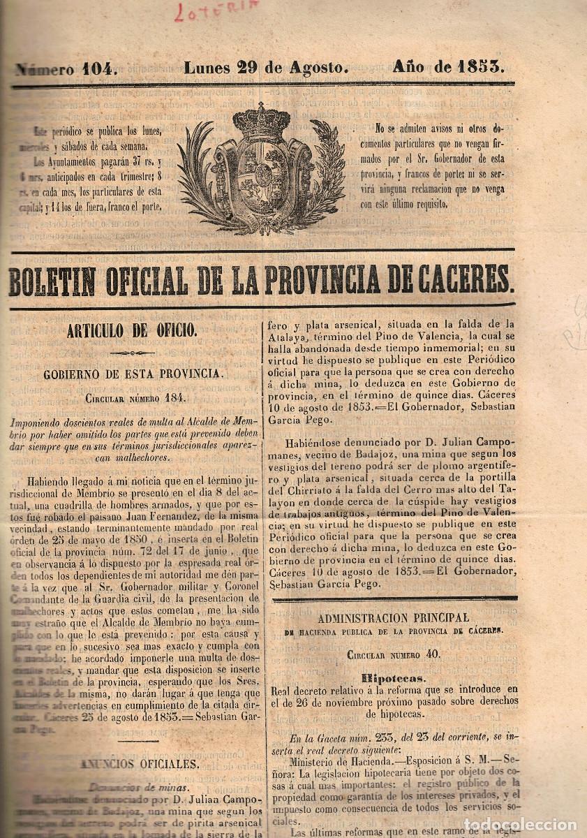 Coleccionismo de Revistas y Peri&oacute;dicos: FA9138. DOCUMENTOS. 1853, 29 de agosto. Boletin oficial de Caceres