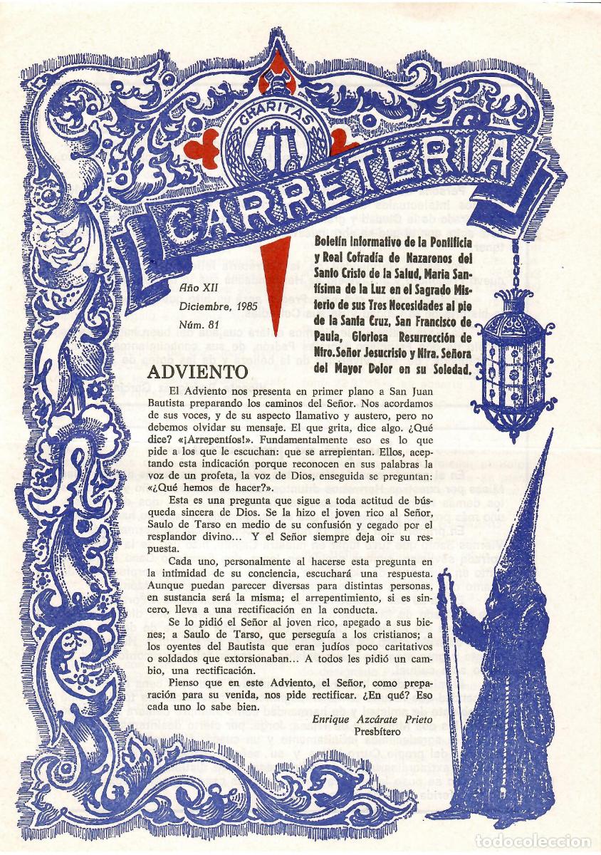 Coleccionismo de Revistas y Peri&oacute;dicos: SEMANA SANTA SEVILLA, BOLET&Iacute;N HERMANDAD LA CARRETER&Iacute;A N&ordm; 81, DICIEMBRE 1985