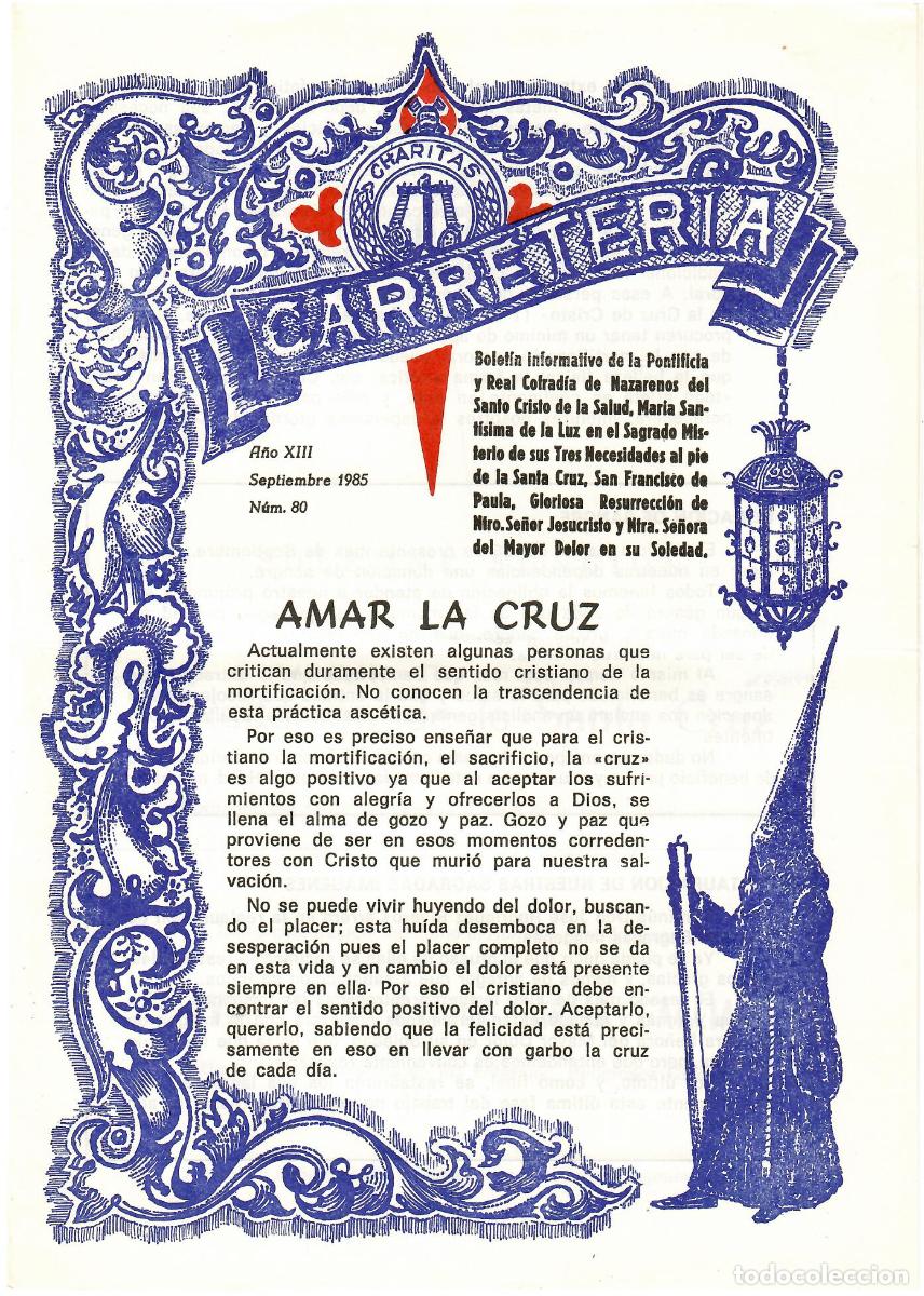 Coleccionismo de Revistas y Peri&oacute;dicos: SEMANA SANTA SEVILLA, BOLET&Iacute;N HERMANDAD LA CARRETER&Iacute;A N&ordm; 80, SEPTIEMBRE 1985