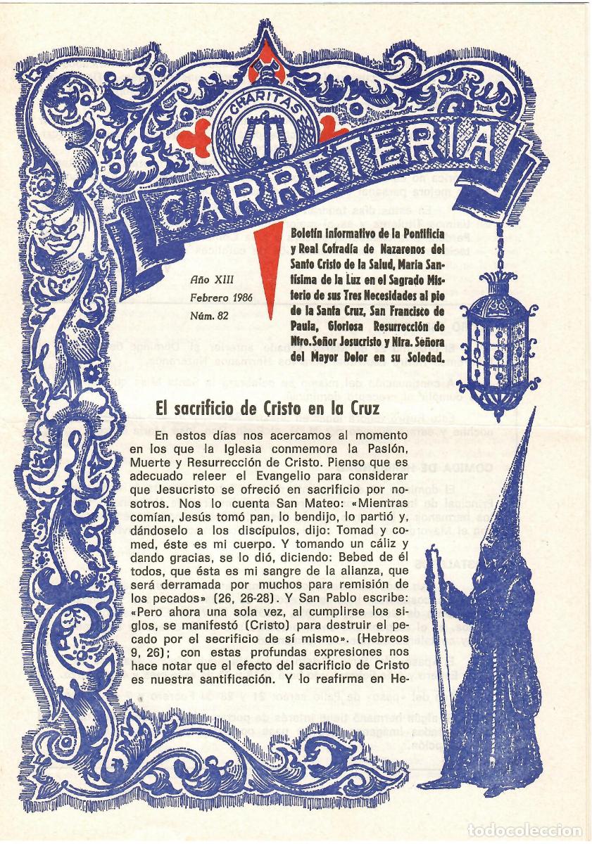 Coleccionismo de Revistas y Peri&oacute;dicos: SEMANA SANTA SEVILLA, BOLET&Iacute;N HERMANDAD LA CARRETER&Iacute;A N&ordm; 82, FEBRERO 1986