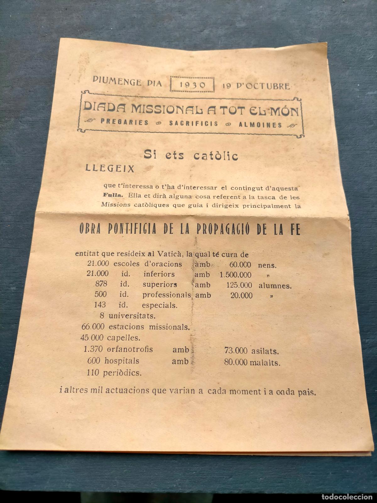 Coleccionismo de Revistas y Peri&oacute;dicos: Diumenge dia 1930 19 d'octubre diada missional a tot el m&oacute;n pregaries sacrificis almoines Barcelona