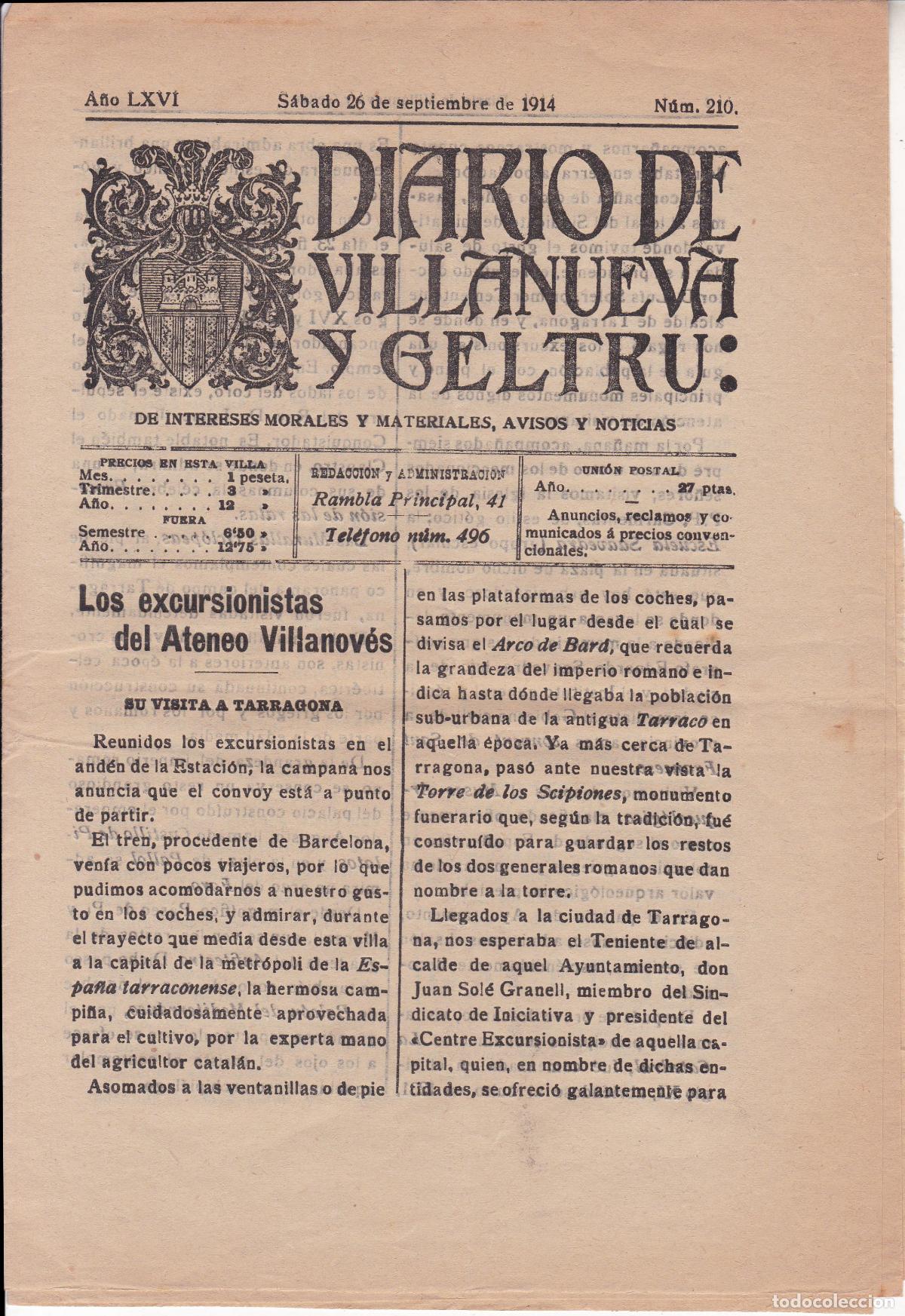 Coleccionismo de Revistas y Peri&oacute;dicos: DIARIO DE VILLANUEVA Y GELTR&Uacute; SABADO 26 DE SEPTIEMBRE DE 1914, A&Ntilde;O LXVI