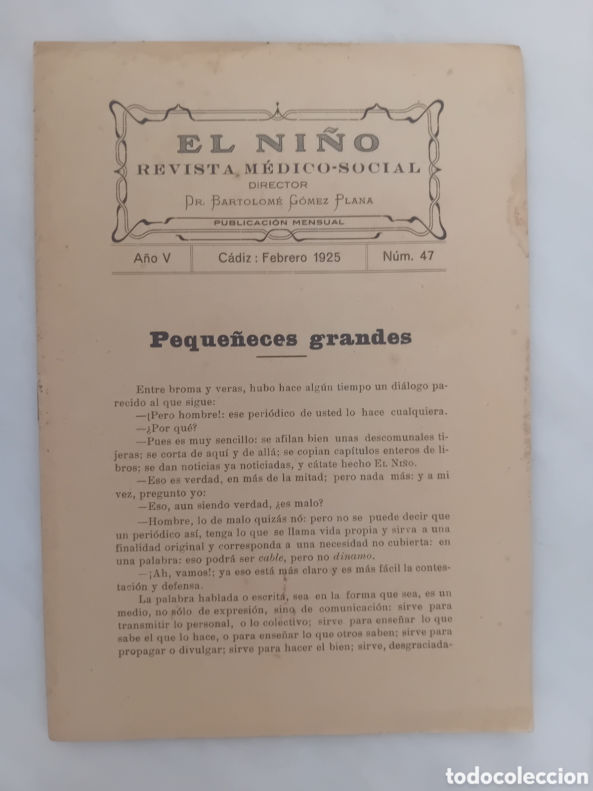 Coleccionismo de Revistas y Peri&oacute;dicos: el ni&ntilde;o revista medico social febrero a&ntilde;o 1925 . Doctor Bartolome Lopez. Cadiz