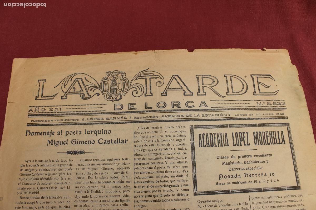 Sammeln von Zeitschriften und Zeitungen: DIARIO &rdquo;LA TARDE DE LORCA&rdquo; NUMERO 5.633 DE OCTUBRE DE 1929
