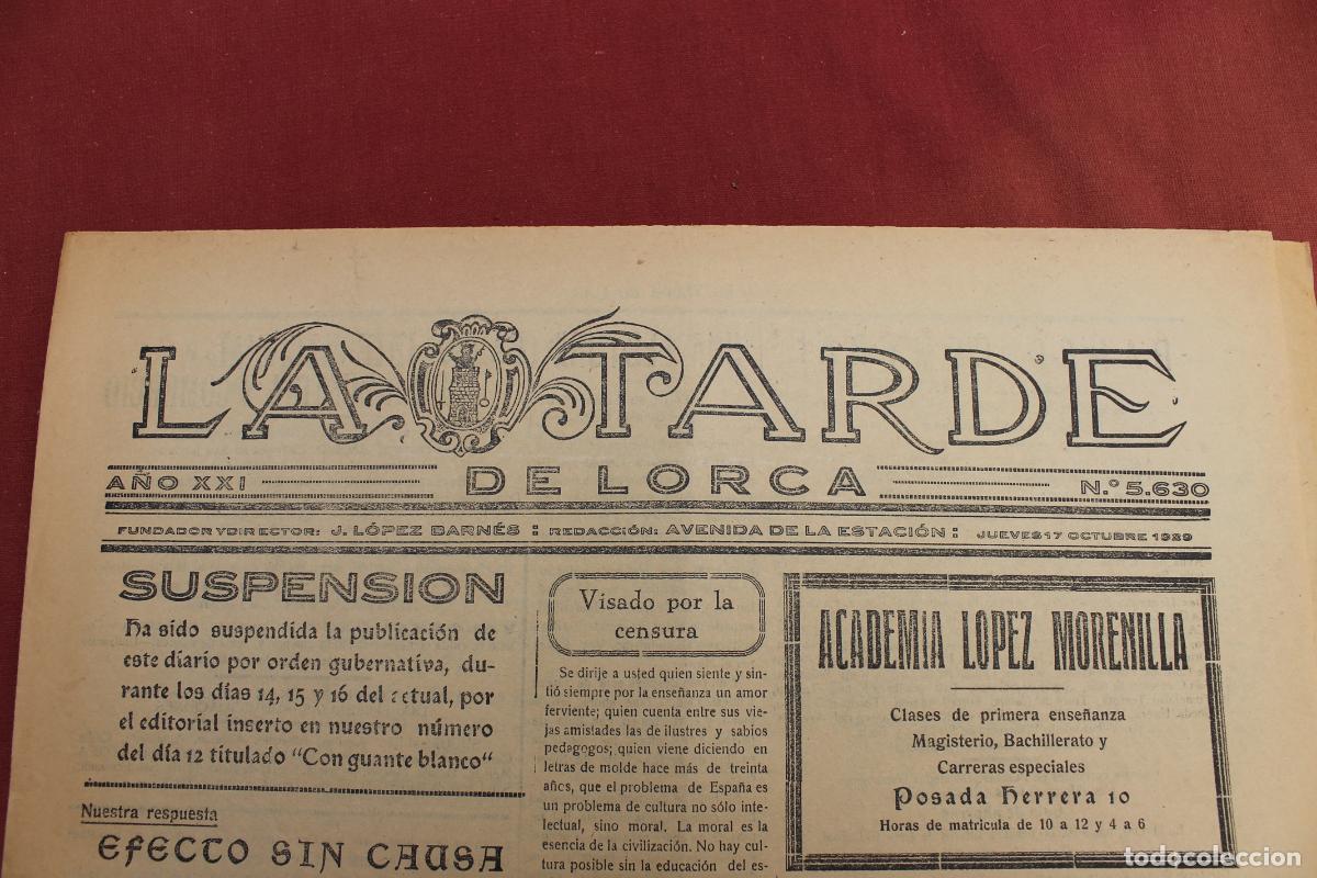 Sammeln von Zeitschriften und Zeitungen: DIARIO &rdquo;LA TARDE DE LORCA&rdquo; NUMERO 5630 DE OCTUBRE DE 1929