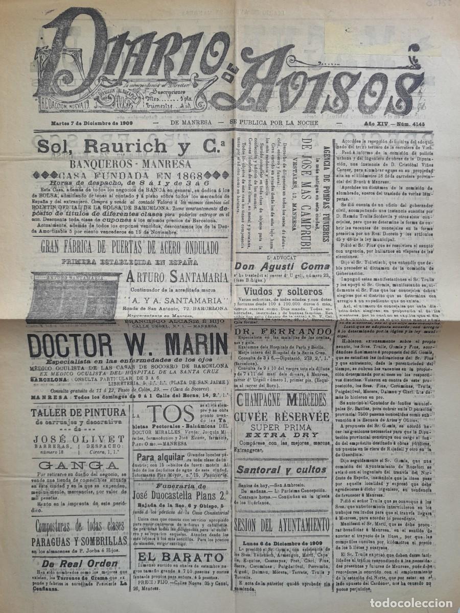 Sammeln von Zeitschriften und Zeitungen: DIARIO DE AVISOS DE MANRESA (MANRESA) - ANY 14, N&Uacute;M. 4145 (7 DESEMBRE 1909)