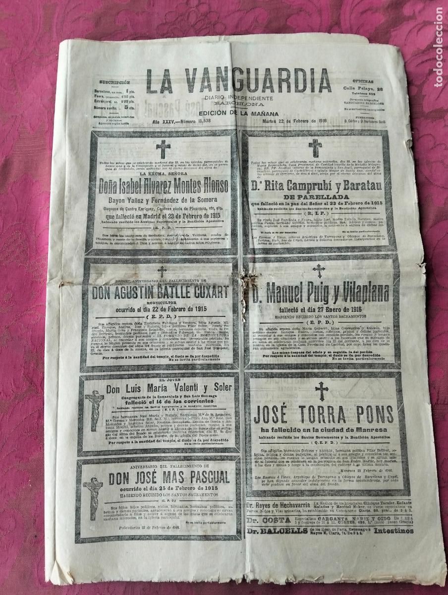 Collezionismo di Riviste e Giornali: La Vanguardia diario independiente Barcelona edici&oacute;n de la ma&ntilde;ana 22 de febrero de 1916 15538
