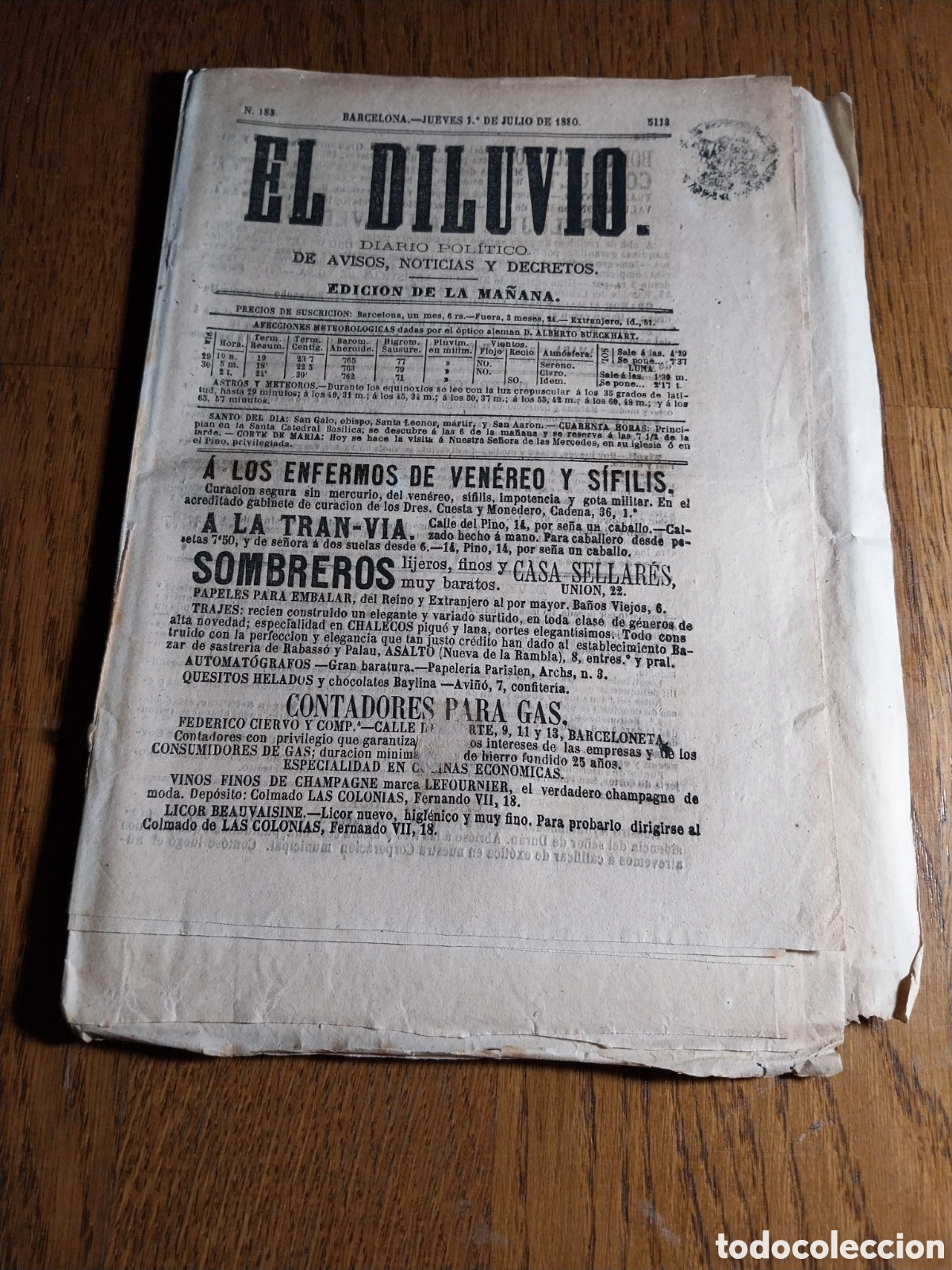 Coleccionismo de Revistas y Peri&oacute;dicos: EL DILUVIO 1880 CARLOS DE BORBON Y EL GRAL BOET.BUQUE MAGALLANES CORREO A FILIPINAS.CATALANA D AGUAS