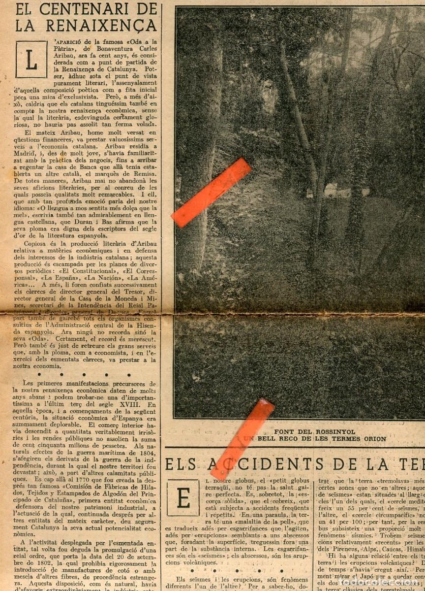 Coleccionismo de revistas y peri&oacute;dicos: PERIODICO ANY 1933 CENTENARI DE LA RENAIXEN&Ccedil;A ODA A LA PATRIA FONT DEL ROSSINYOL TERMES ORION