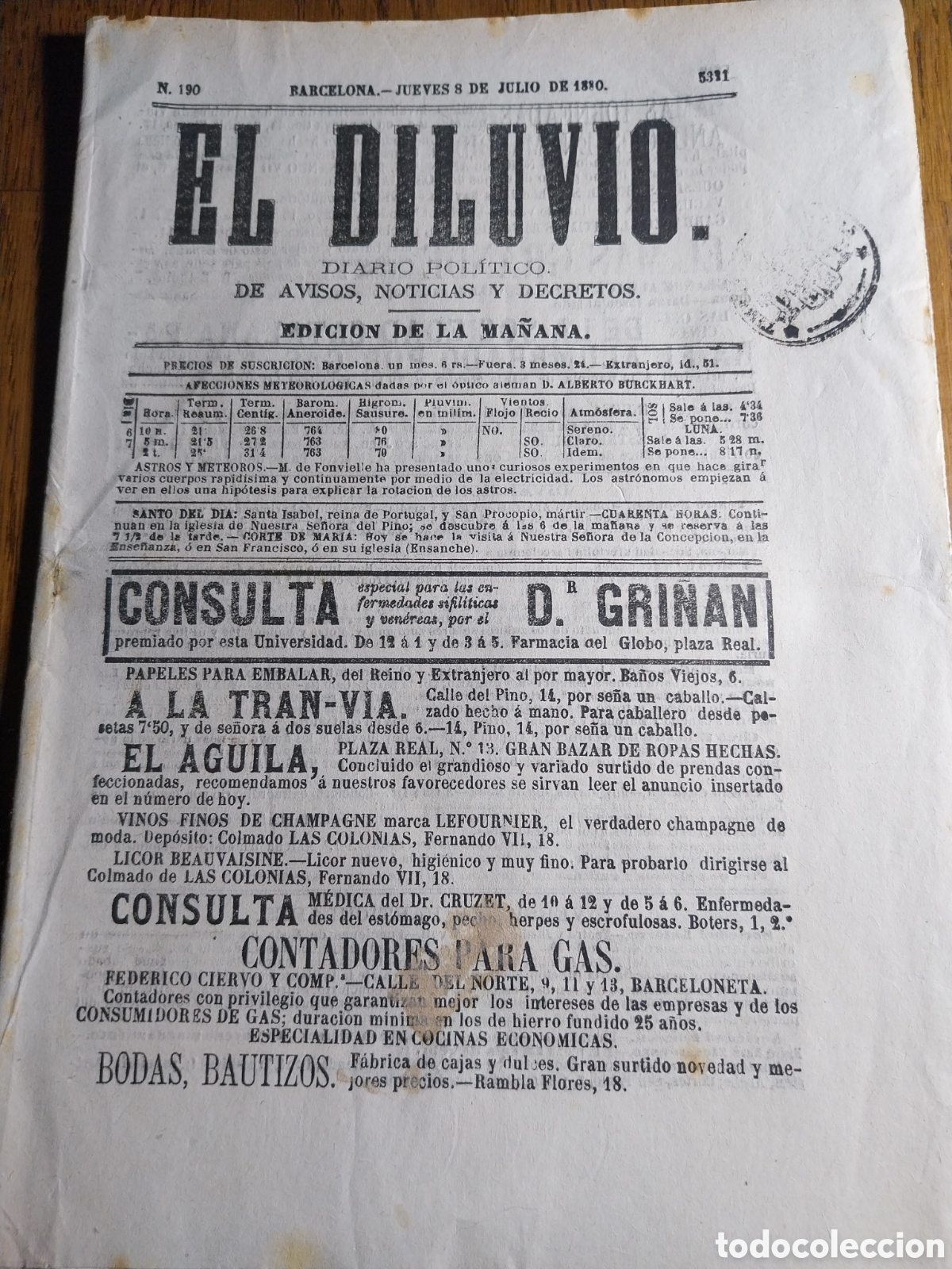 Coleccionismo de Revistas y Peri&oacute;dicos: EL DILUVIO 1880 SITUACION EN VALLS.LA CATALANA DE AGUAS. REMEDIOS CASEROS DEL DOCTOR JAYNE