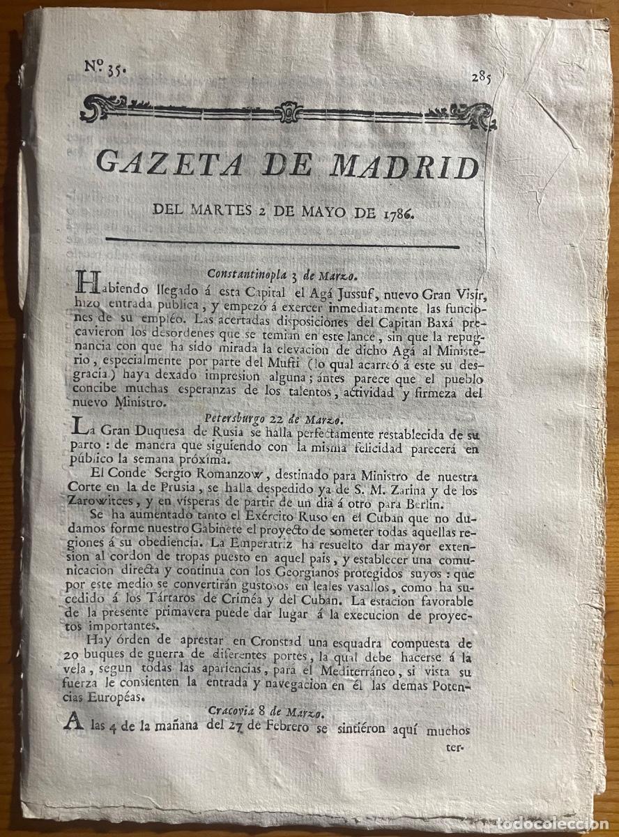 Collezionismo di Riviste e Giornali: REINOSA - EZCARAY- MADRID- GACETA- GAZETA DE MADRID- 1786