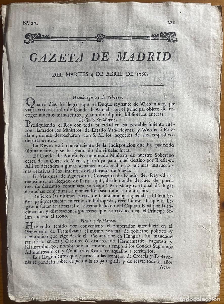 Collezionismo di Riviste e Giornali: SEGOVIA- SANTA BAIA- CADIZ- CARTAGENA- GACETA- GAZETA DE MADRID- 1786
